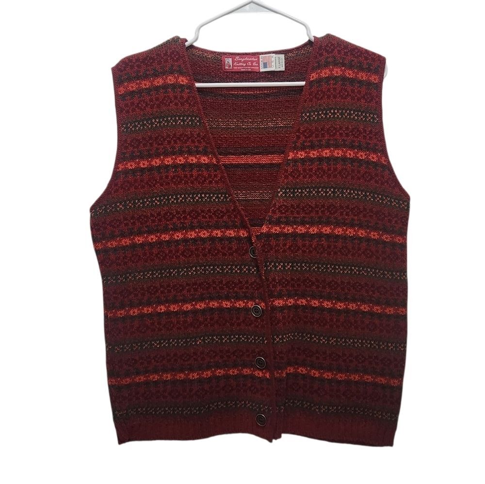 Vintage Binghamton Knitting XL Fair Isle Sweater Vest USA Burgundy Grandpa 80s - Picture 1 of 4